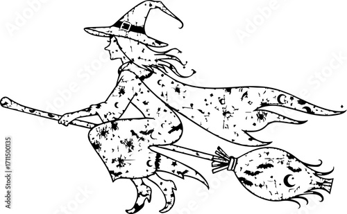 Whimsical witch soaring on broomstick with starry night pattern, perfect for Halloween designs