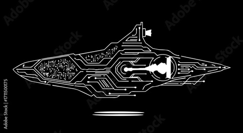 Futuristic digital spaceship design with intricate circuit board patterns, ready for sci-fi adventures