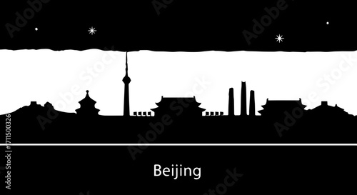 Iconic Beijing skyline silhouette at night with famous landmarks under starry sky