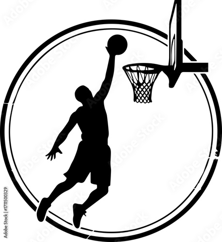 Dynamic basketball player soaring for a powerful dunk in a bold circular emblem