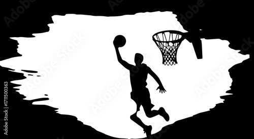 Dynamic basketball player dunks forcefully against a bold, textured backdrop for sports graphics