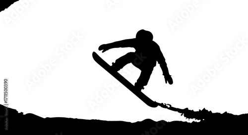 Dynamic snowboarder catches air performing aerial trick against bright sky, capturing winter sport thrill.