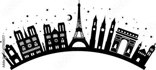Iconic Paris skyline silhouette with landmarks under starry night sky, a traveler's dream.