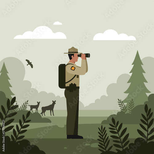 Ranger looks through binoculars in a muted green forest scene