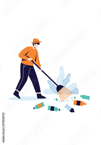 Man Sweeping Up Scattered Plastic Bottles on the Ground for a Clean Environment