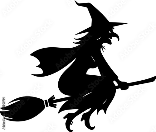 Mysterious witch silhouette soaring on broomstick under dark night sky for Halloween fun