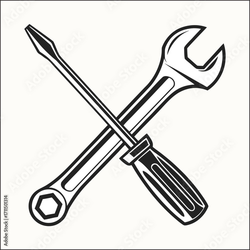 Simple line art icon of a hammer and wrench crossed together on a white background
