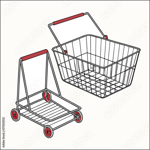 Realistic isolated shopping cart with metallic frame and red handle, transparent background

