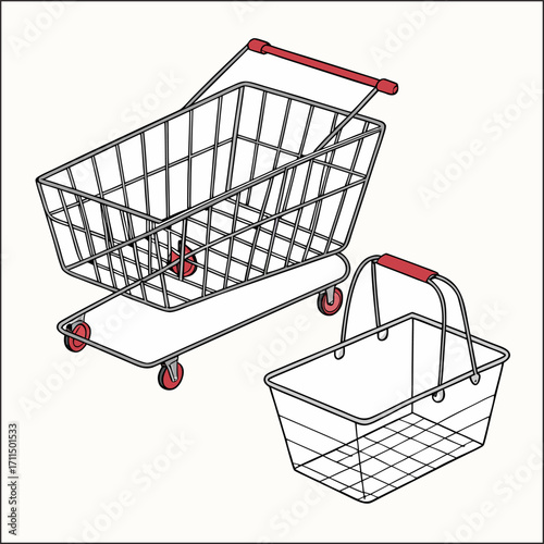 Realistic isolated shopping cart with metallic frame and red handle, transparent background

