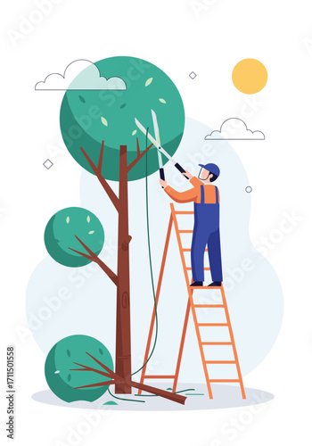 Professional Arborist Expertly Pruning Tree Branches on a Tall Ladder Safely