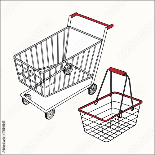 Realistic isolated shopping cart with metallic frame and red handle, transparent background
