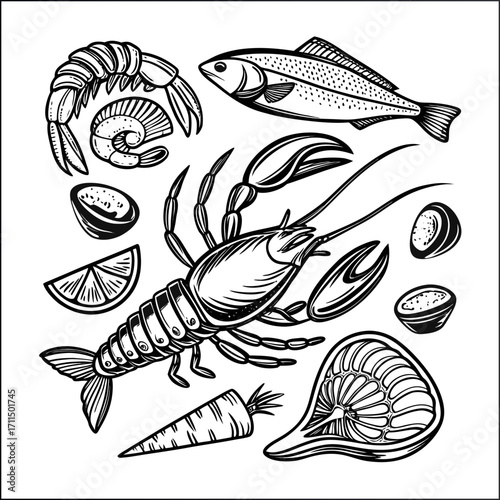 Hand drawn seafood vector set in vintage style with fish, crab, shrimp, shellfish, herbs, and lemons. Restaurant menu, packaging, cookbooks, branding, culinary. Engraved Style Marine Food Elements
