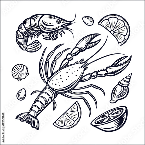 Hand drawn seafood vector set in vintage style with fish, crab, shrimp, shellfish, herbs, and lemons. Restaurant menu, packaging, cookbooks, branding, culinary. Engraved Style Marine Food Elements
