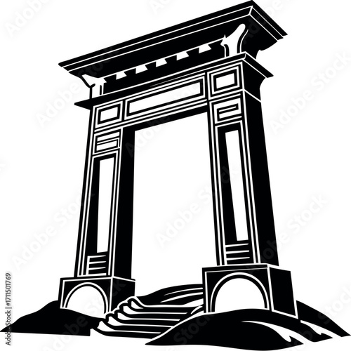 Ancient classical architecture featuring a marble temple with stone columns and an arch