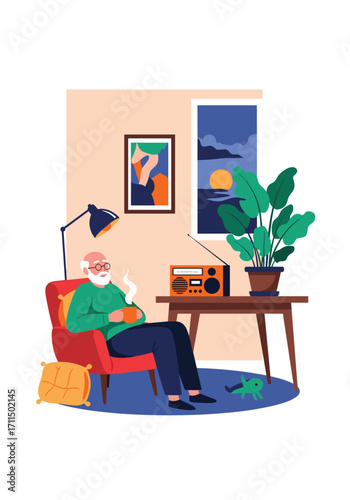Elderly Man Relaxing in Armchair Enjoying Coffee and Music at Home