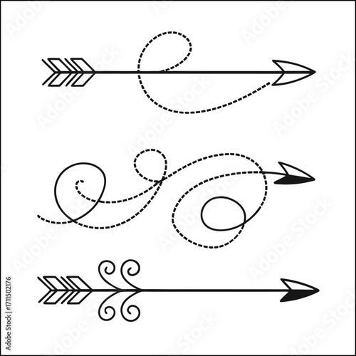 set of arrows hand drawn with brush black curved lines, line arrows, volumetric arrow, spiral arrows, arrow circle, dotted arrows
