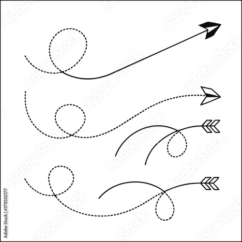 set of arrows hand drawn with brush black curved lines, line arrows, volumetric arrow, spiral arrows, arrow circle, dotted arrows
