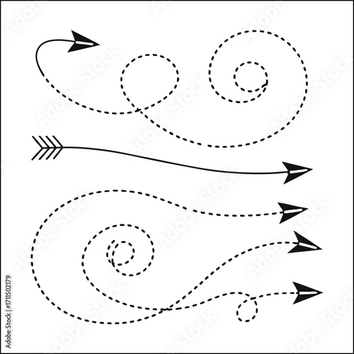 set of arrows hand drawn with brush black curved lines, line arrows, volumetric arrow, spiral arrows, arrow circle, dotted arrows
