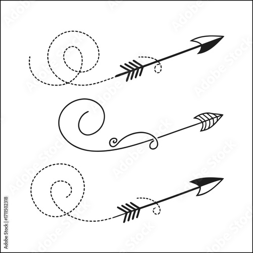 set of arrows hand drawn with brush black curved lines, line arrows, volumetric arrow, spiral arrows, arrow circle, dotted arrows
