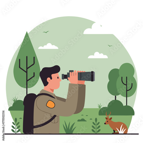 Hiker looks thru binoculars