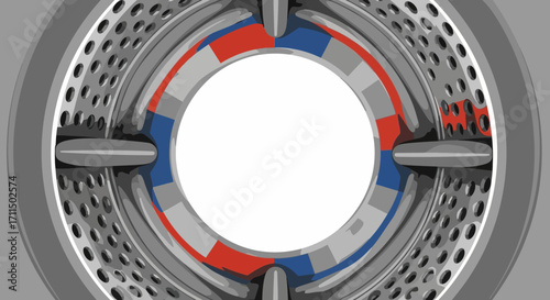 Abstract illustration of a circular mechanism with red, blue, and gray elements and a central aperture