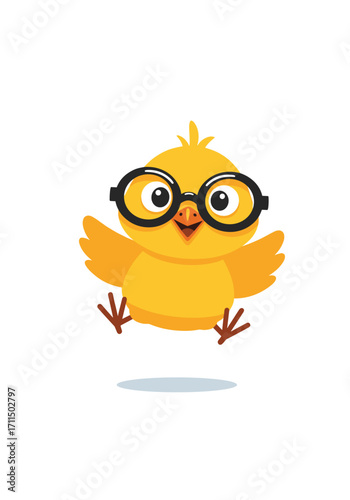 Cute Yellow Chick Wearing Glasses Flying Happily With Joyful Expression
