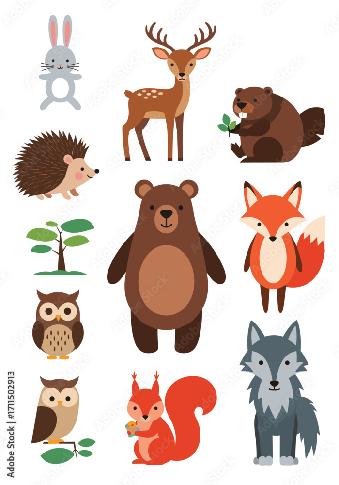 Fototapeta premium Cute Woodland Animals Collection Featuring A Bear Fox Owl Rabbit Deer And More