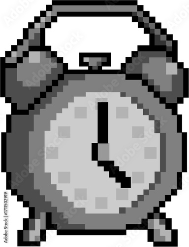 Pixel art illustration of a classic alarm clock with bells, showing a retro gray design symbolizing time and punctuality.