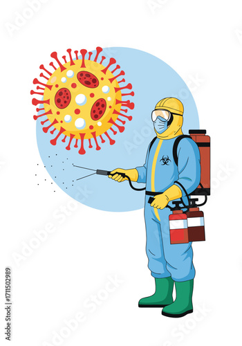 Expert Hazmat Suit Worker Sprays Disinfectant To Combat Dangerous Virus Microbe Threat