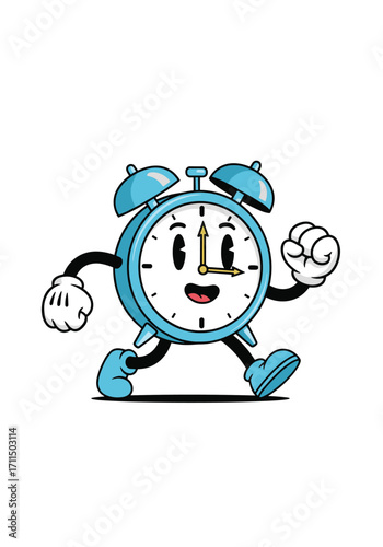 Vintage Cartoon Character Alarm Clock Walking Energetically Across A White Background