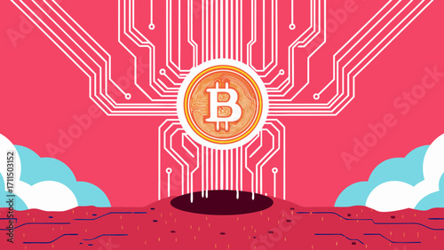 Bitcoin symbol with circuit board design over a pink background with clouds and a dark hole below on transparent background silhouette