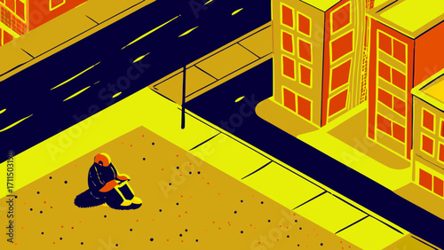 Isometric view of a person sitting on the ground next to a city street with buildings nearby on transparent background silhouette