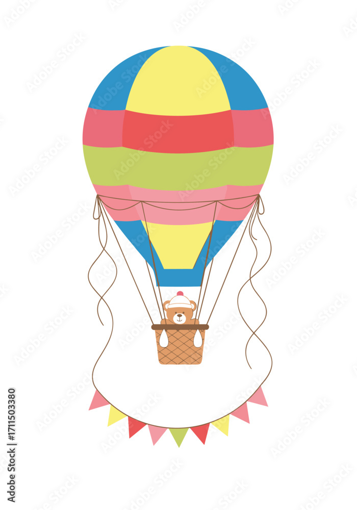 Obraz premium Whimsical Hot Air Balloon Adventure with Adorable Animal Passenger and Festive Bunting Decoration