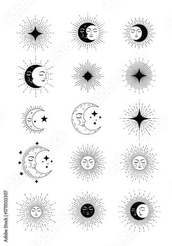 Celestial Mystical Star Moon Sun Face Zodiac Cosmic Symbols Set Elements Collection Art