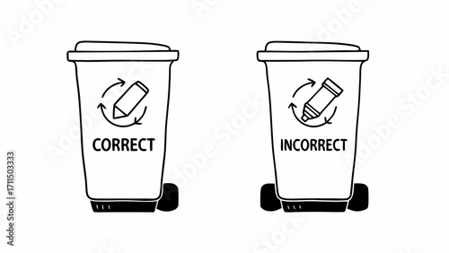 Correct and incorrect recycling bin with pencil and marker illustration showing proper disposal method on transparent background silhouette