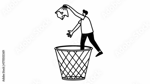 Person throwing crumpled paper into a wire trash can in a black and white line drawing illustration on transparent background silhouette