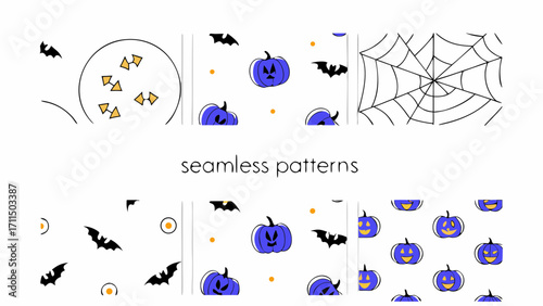 Six halloween seamless patterns with bats, pumpkins, candies, spiderweb and eyes on a white background on transparent background silhouette