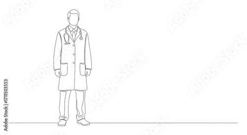 Linear Medical Professional Illustration Doctor in White Coat and Stethoscope Standing