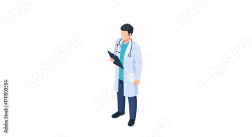 Isometric illustration of a male doctor in a white lab coat, holding a clipboard. Represents medical professionals, healthcare services, and expert consultations