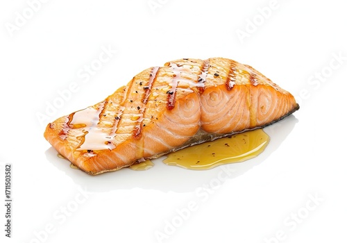 Grilled Salmon with Honey Glaze on White Background 