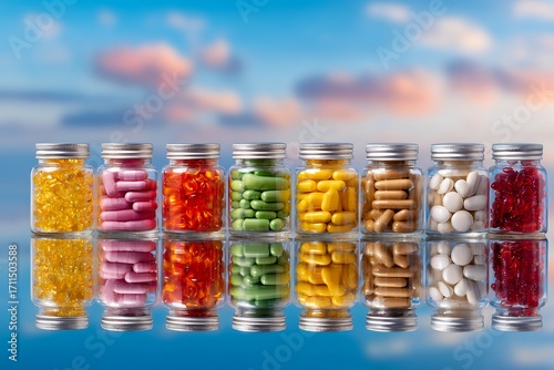 Colorful assorted pills in glass jars against a serene sky background