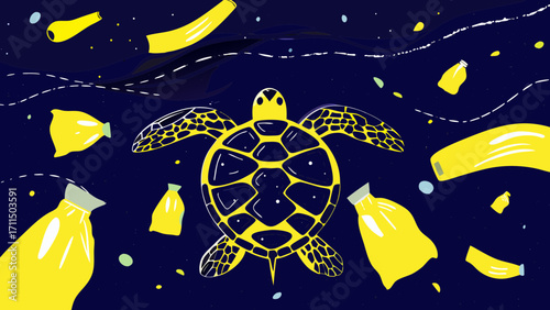 Illustration of a turtle swimming in a sea filled with plastic waste and floating debris pollution on transparent background silhouette