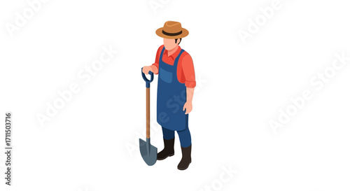Isometric illustration of a male farmer in a straw hat and overalls, holding a shovel, representing agriculture and rural labor