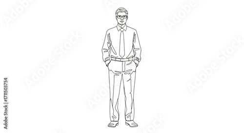 Illustration of a standing man with glasses and hands in pockets, clean line art