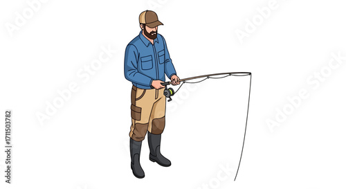 An illustration depicting a male angler in fishing waders and a cap, standing and holding a fishing rod with a reel, ready for a day of recreational fishing outdoors
