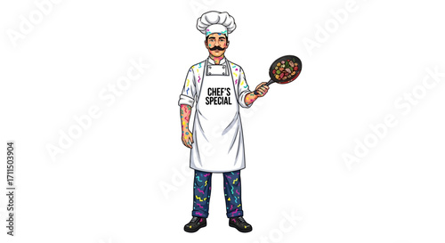 Cartoon chef wearing a hat and 'Chef's Special' apron proudly holds a frying pan with a cooked meal. This illustration embodies culinary expertise and passion for gourmet food preparation
