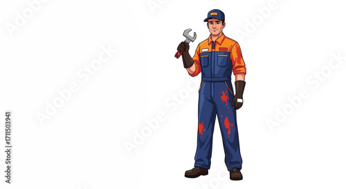 Skilled Mechanic in Overalls Holding a Wrench, Ready for Auto Repair or Industrial Work