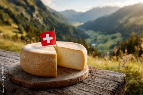 Swiss cheese with flag on wooden board in scenic alpine landscape