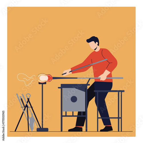 Glassblowing artist shaping molten glass