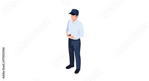 Isometric view of a man in a cap holding a coffee cup, representing casual lifestyle and beverage enjoyment